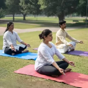 Home 3 Group of people meditating while sitting in an open lawn with greenery in background